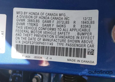 2023 Honda Civic Sport from USA, damaged, VIN 2HGFE2F5XPH511149